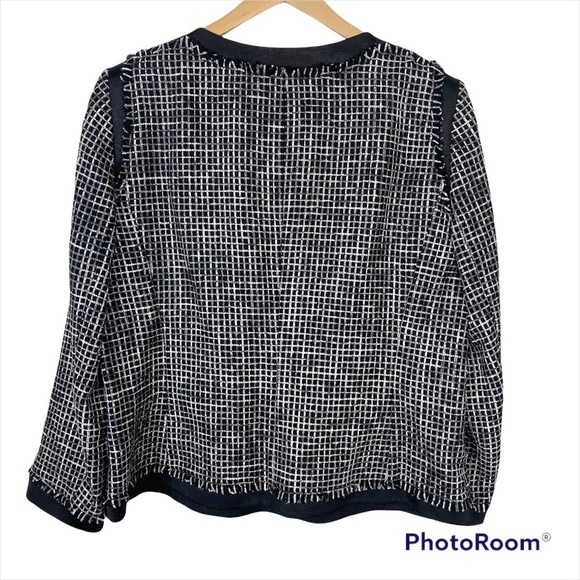 LAFAYETTE 148 NEW YORK Black Textured Tweed Grid Fringe Blazer Jacket 14 office - Picture 2 of 16
